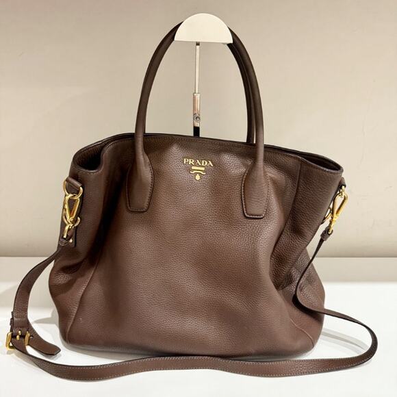 Prada Bruciato Vitello Daino Leather Large Shopper Tote Bag with Shoulder Strap - Picture 2 of 14